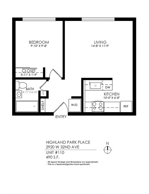 Floor plan for 1 bed, 1 bath, 520 sqft